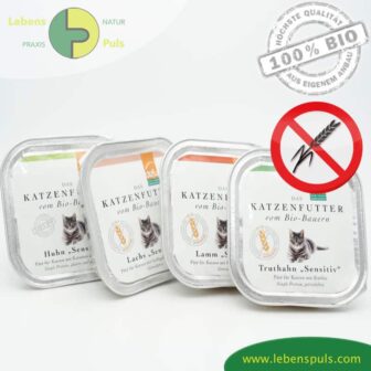 AKTION 3 + 1 Premium Katzenfutter Nassfutter getreidefrei BIO von Defu Huhn, Truthahn, Lachs, Lamm 4x100g