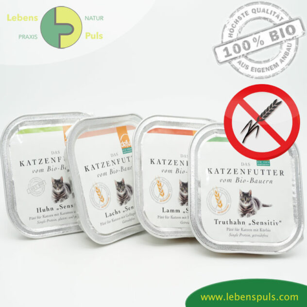 AKTION 3 + 1 Premium Katzenfutter Nassfutter getreidefrei BIO von Defu Huhn, Truthahn, Lachs, Lamm 4x100g