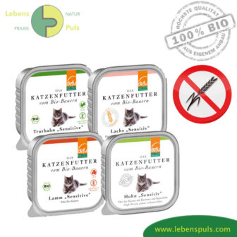 AKTION 3 + 1 Premium Katzenfutter Nassfutter getreidefrei BIO von Defu Huhn, Truthahn, Lachs, Lamm 4x100g