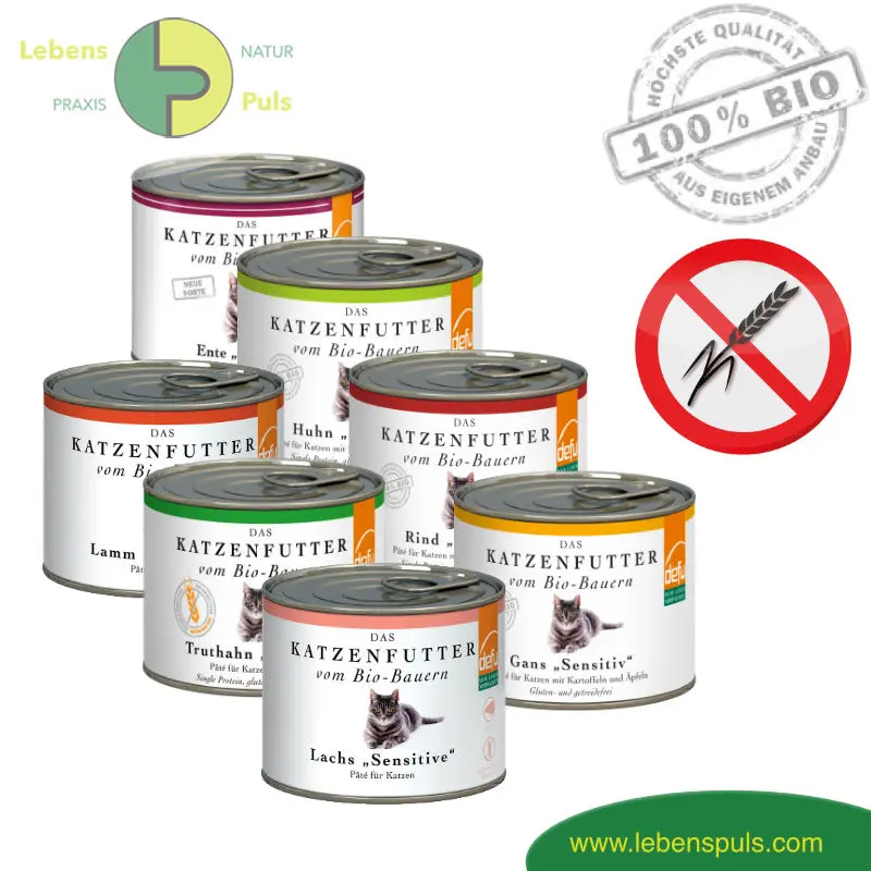 Premium Katzenfutter Nassfutter getreidefrei BIO von Defu Huhn, Truthahn, Gans, Rind, Lachs, Lamm, Ente; 200g
